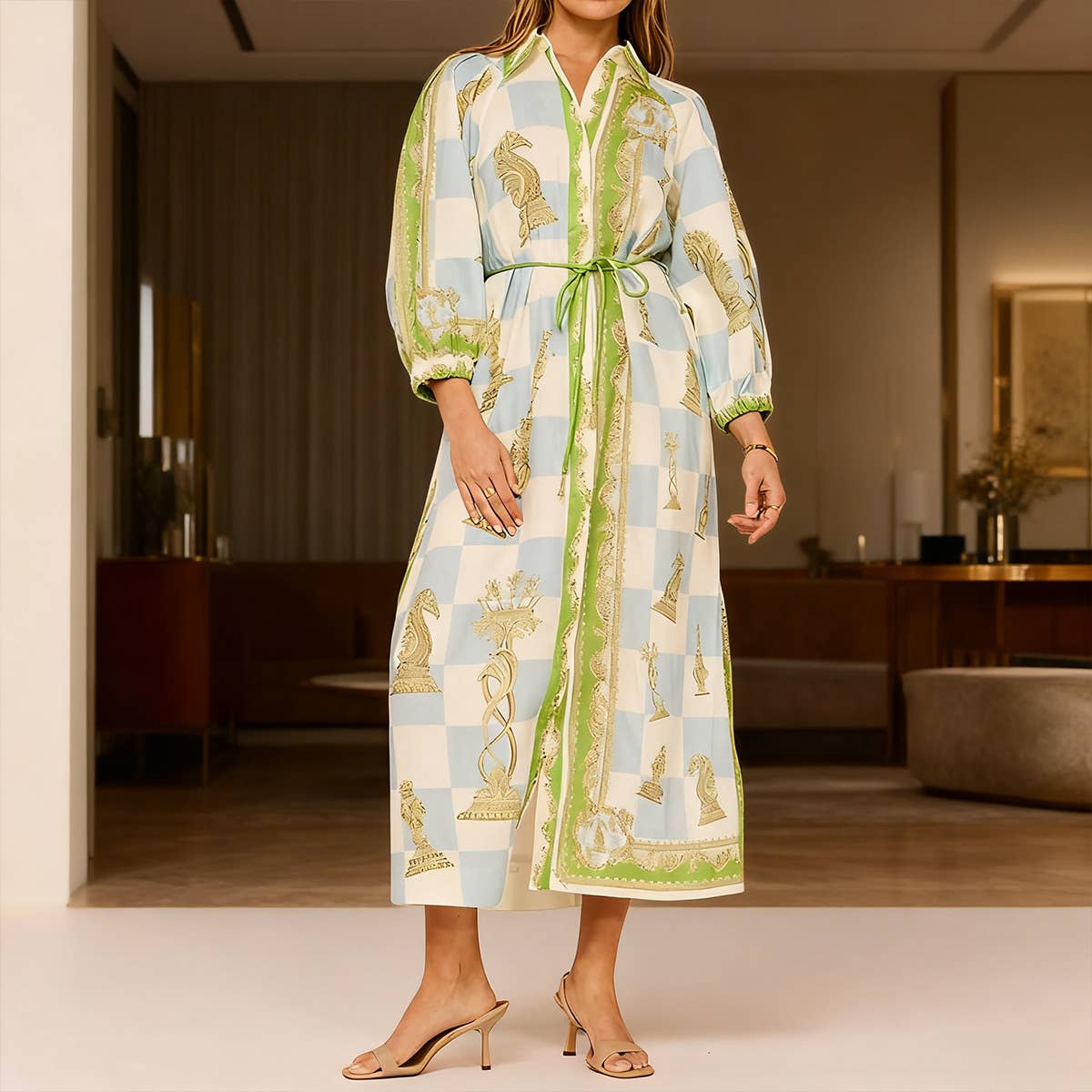 Fashion printed tie waist-cinching long dress