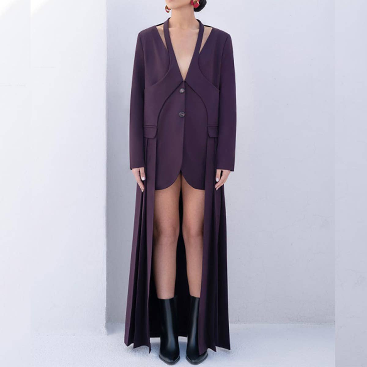 Street Style V-Neck Loose Long Blazer for Women_CWOCO1258