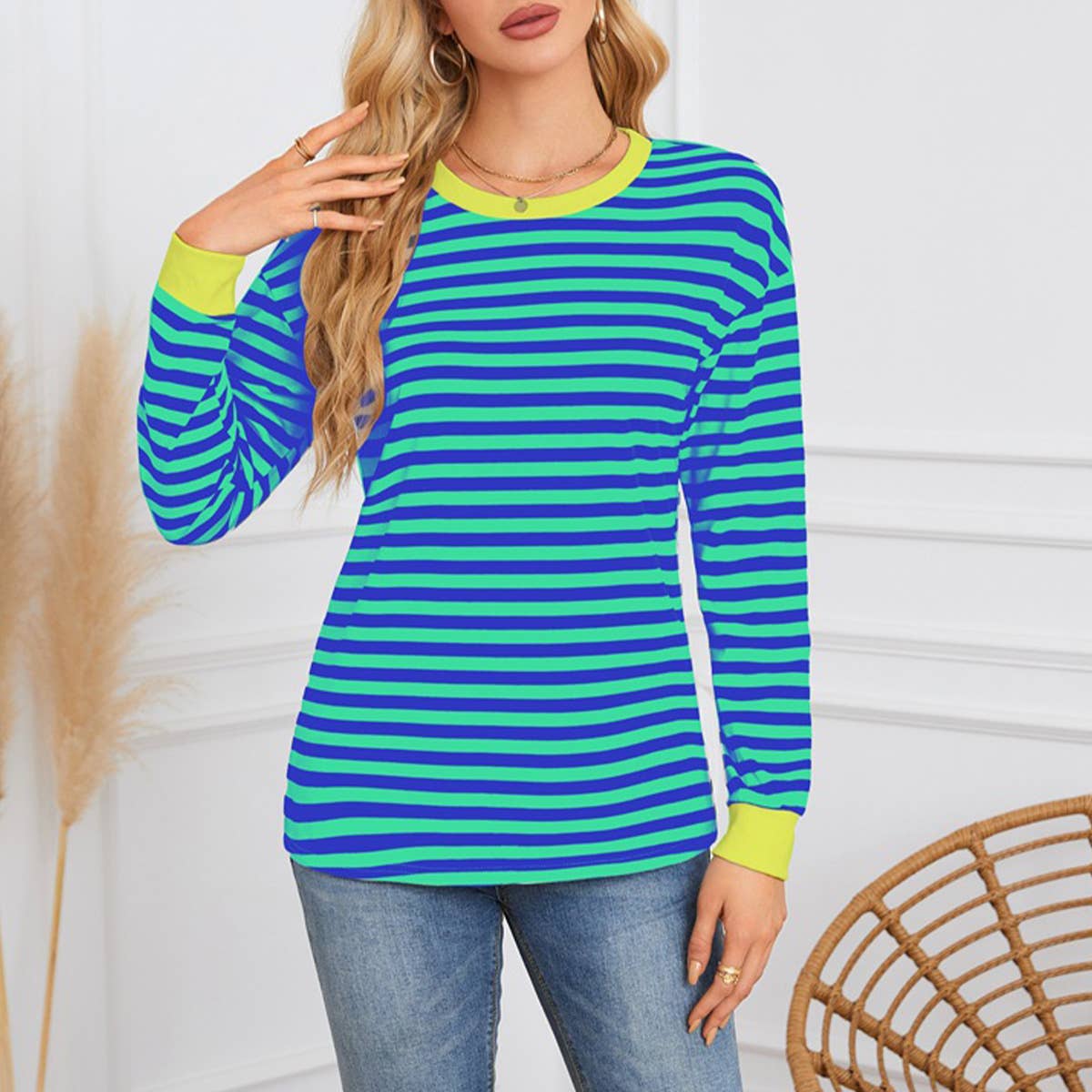 STRIPED CREW-NECK LONG-SLEEVED PULLOVER HOODIE