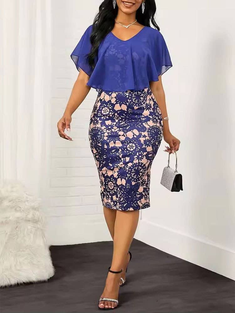 Print slim sexy mesh patchwork slit V-neck dress