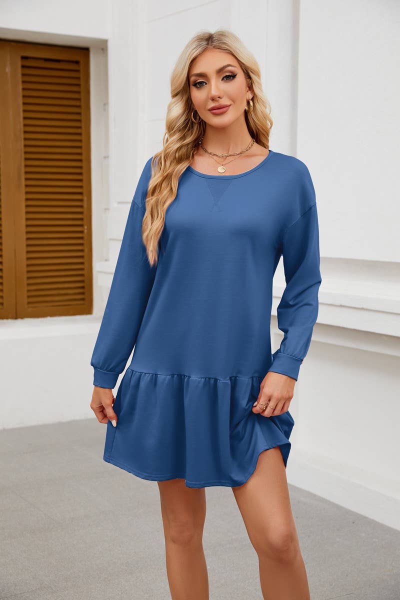 ROUND NECK LONG SLEEVE SOLID COLOR SHORT DRESS