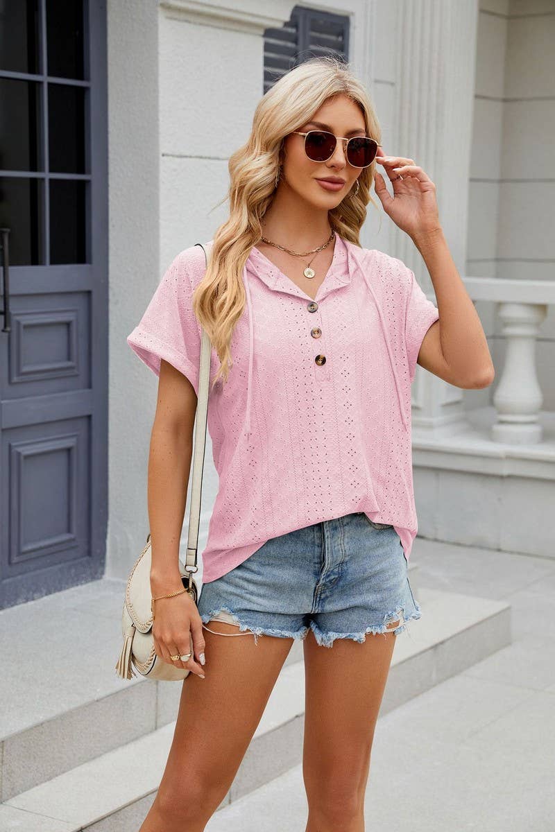 CWOHOS0015_Button Neck Short Sleeve Hoodi Knit Top