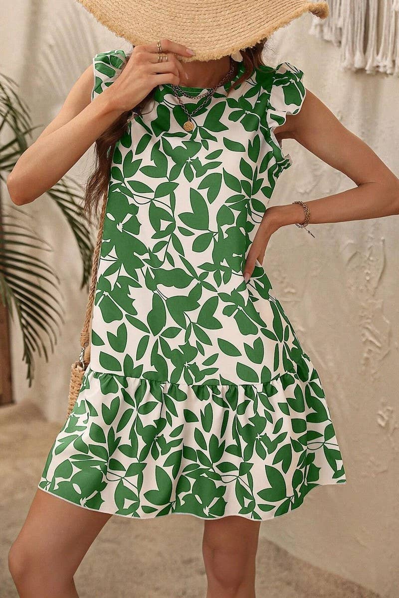 CWDSD7520_NEW SUMMER FLYING SLEEVE RUFFLED PRINT DRESS