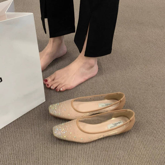 Flat Square Toe Rhinestone Breathable Fairy Flats