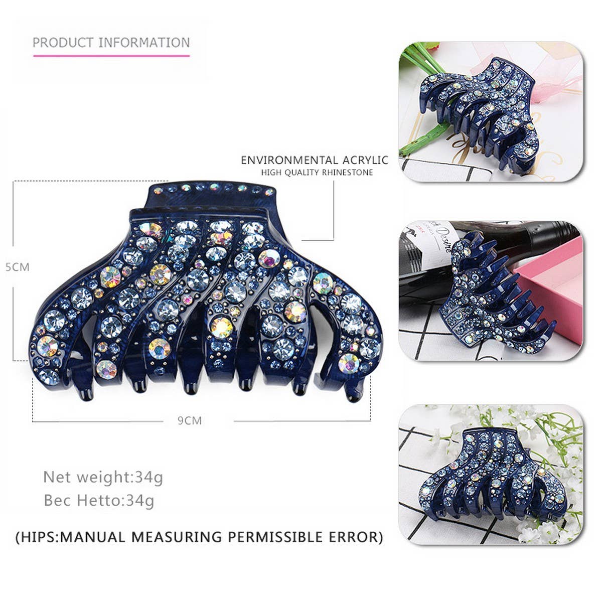 Rhinestone Acrylic Hair Claw, 6-Line Sparkle Clip