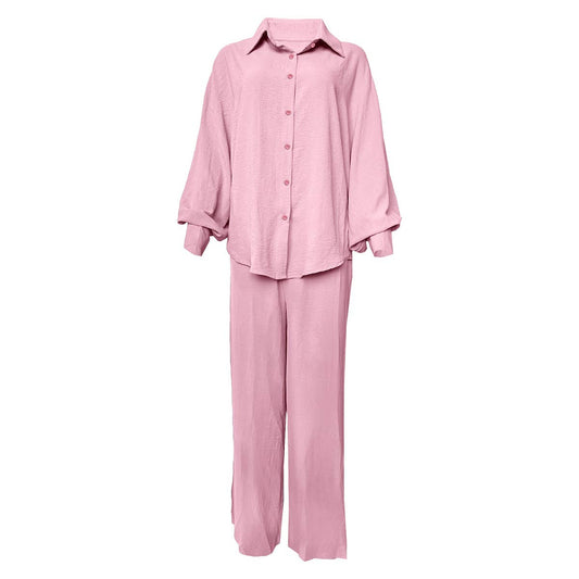 SOLID COLOR BAGGY SHIRT HIGH-WAISTED PANTSUIT
