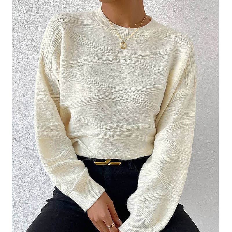SOLID COLOR CORRUGATED CREW NECK PULLOVER SWEATER