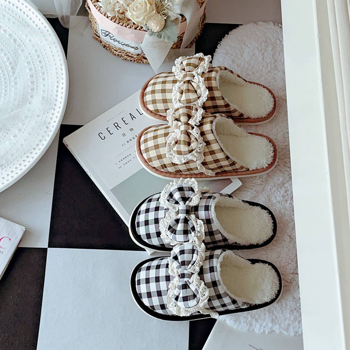 WOMEN'S CHECKERED BOW NON-SLIP COTTON SLIPPERS