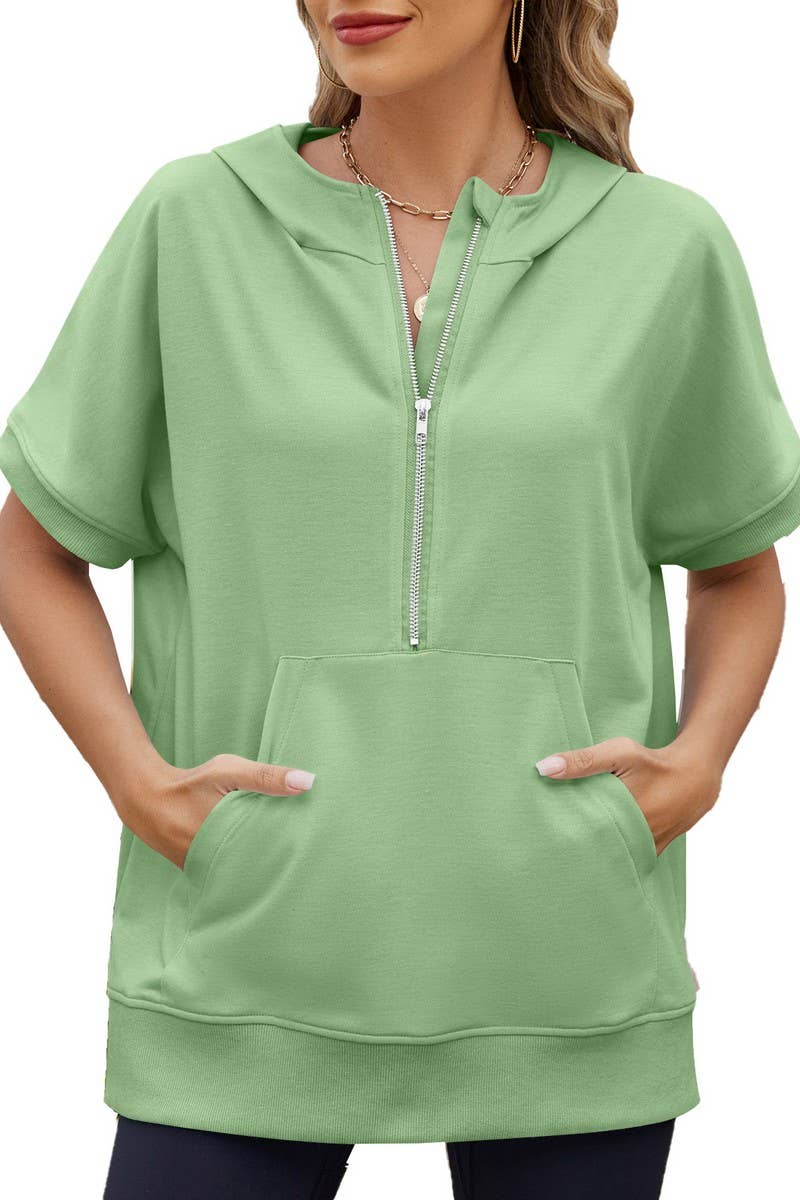 CWOHOS0018_LOOSE FIT ZIPPER SHORT SLEEVE HOODED SWEATSHIRT