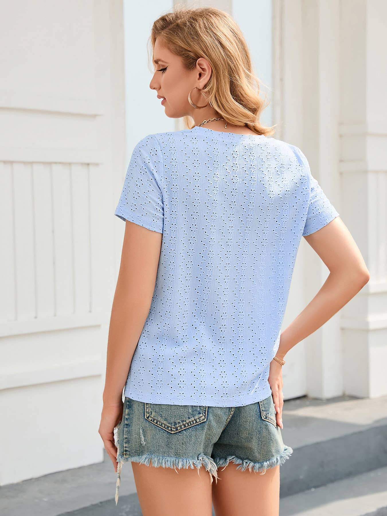 Hollow V-neck casual T-shirt simple top