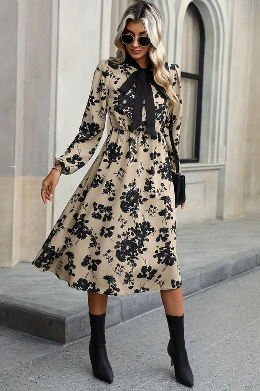 CWDMD5358_FLORAL LONG SLEEVE TIE NECK A-LINE MIDI DRESS