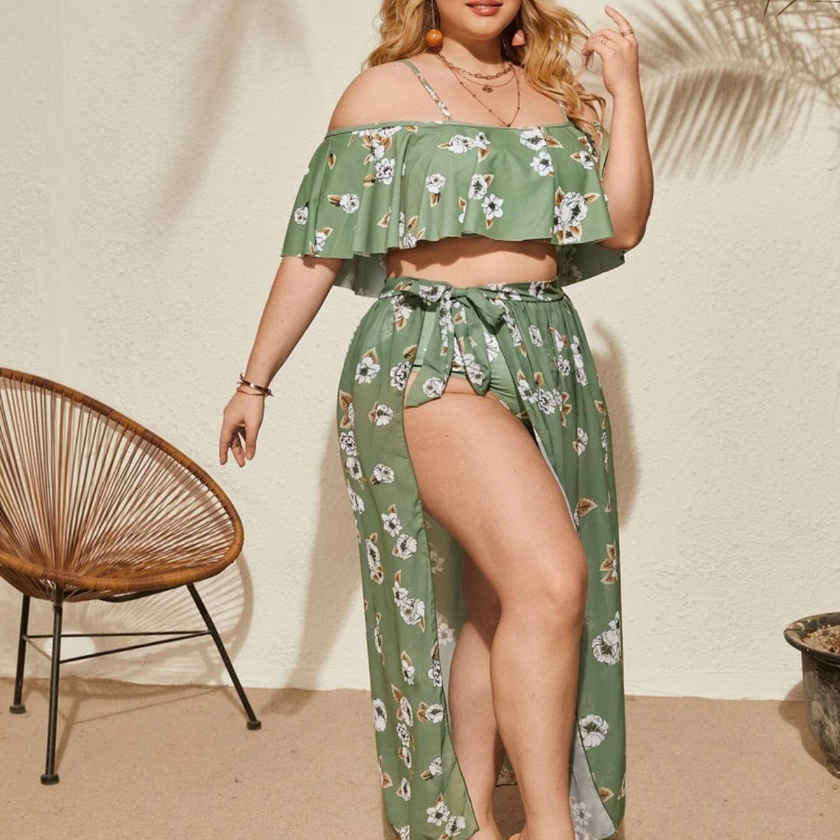 PLUS SIZE RUFFLED THREE PIECE BIKINI SWIMSUIT_CWMW0226