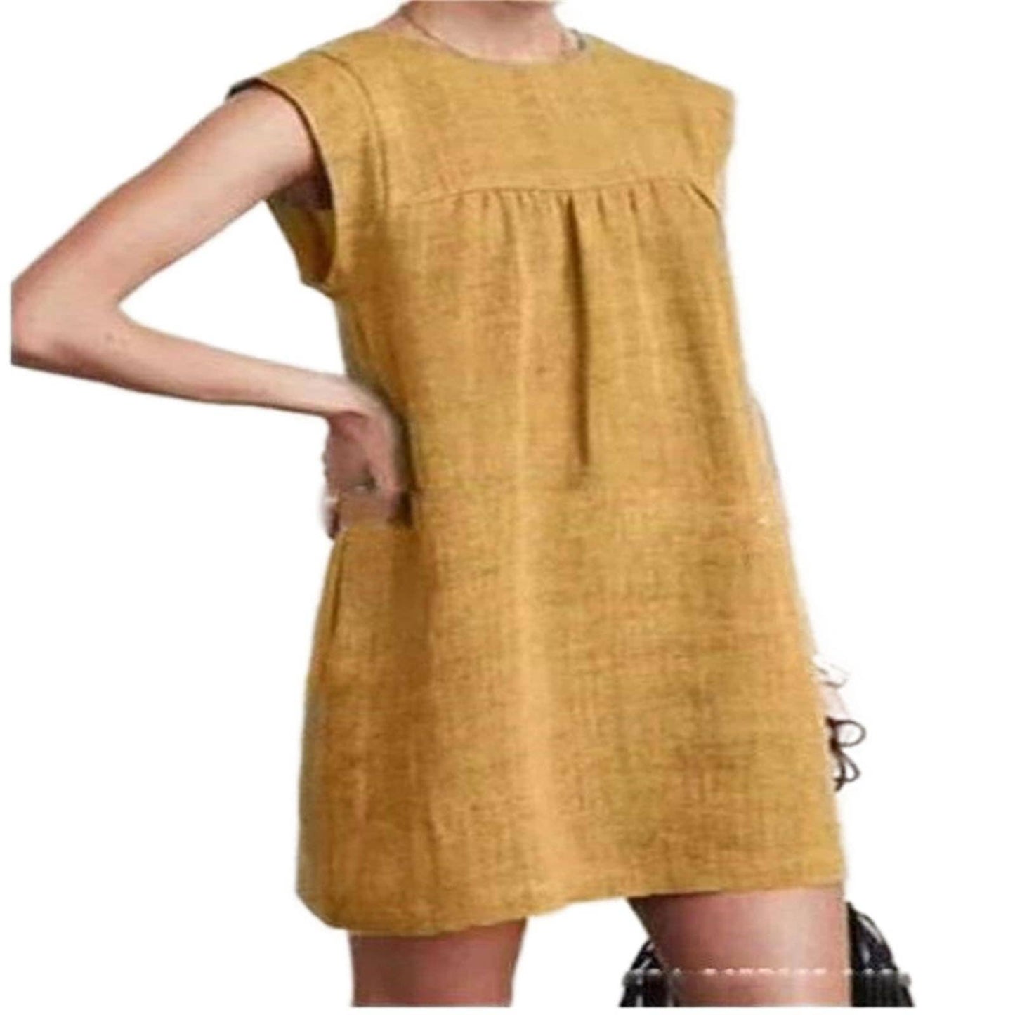 Loose solid color cotton and linen short dress