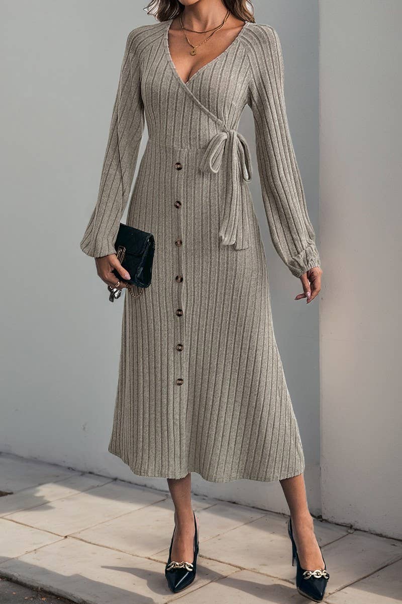 CWDMD4798_AUTUMN AND WINTER V-NECK A-LINE KNITTED MIDI DRESS