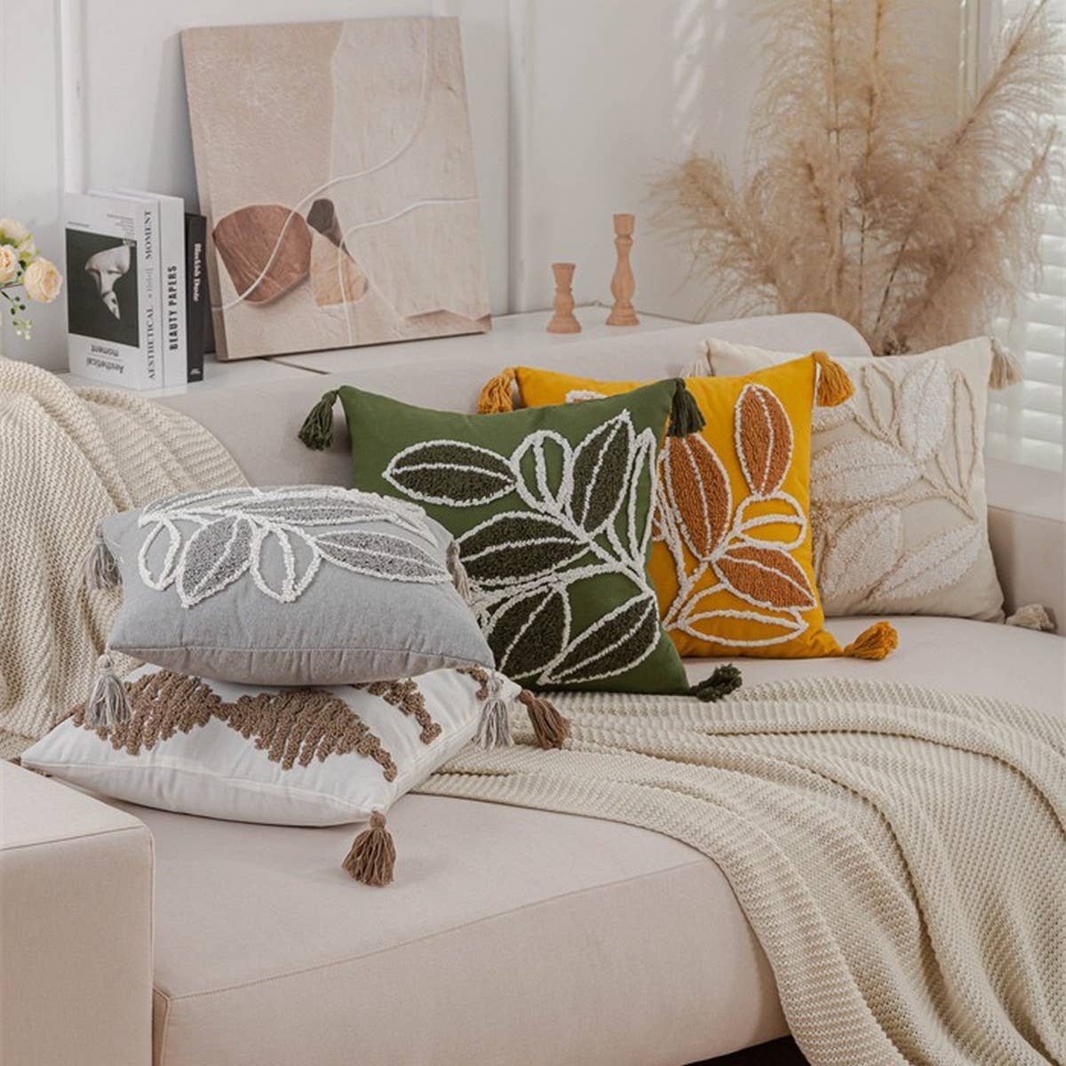 Boho Leaf Tufted Pillow Cover for Sofa Decor_CWMM7691