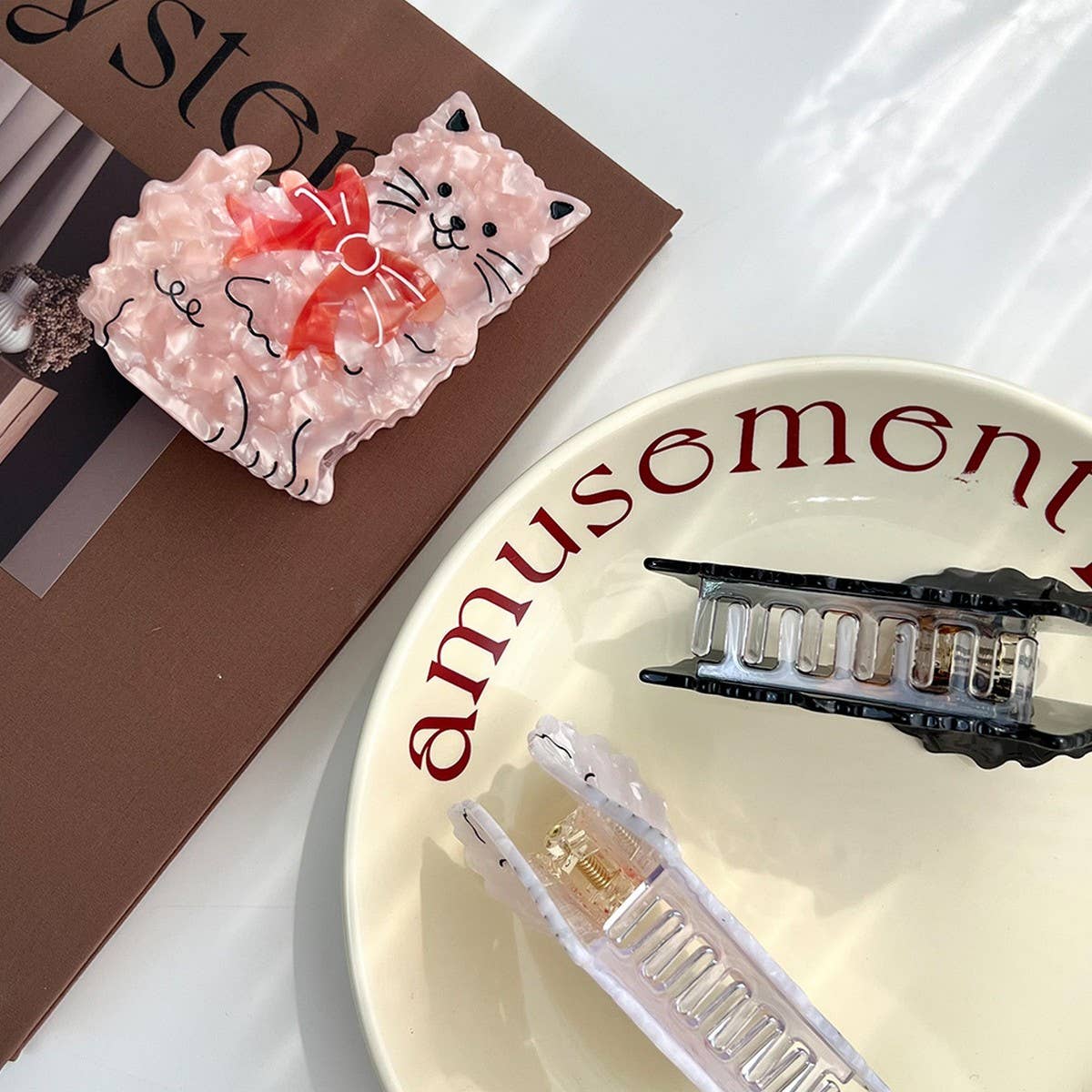 Bow Cat Acetate Hair Claw, Cute Shark Clip for Bun_CWAHA5823