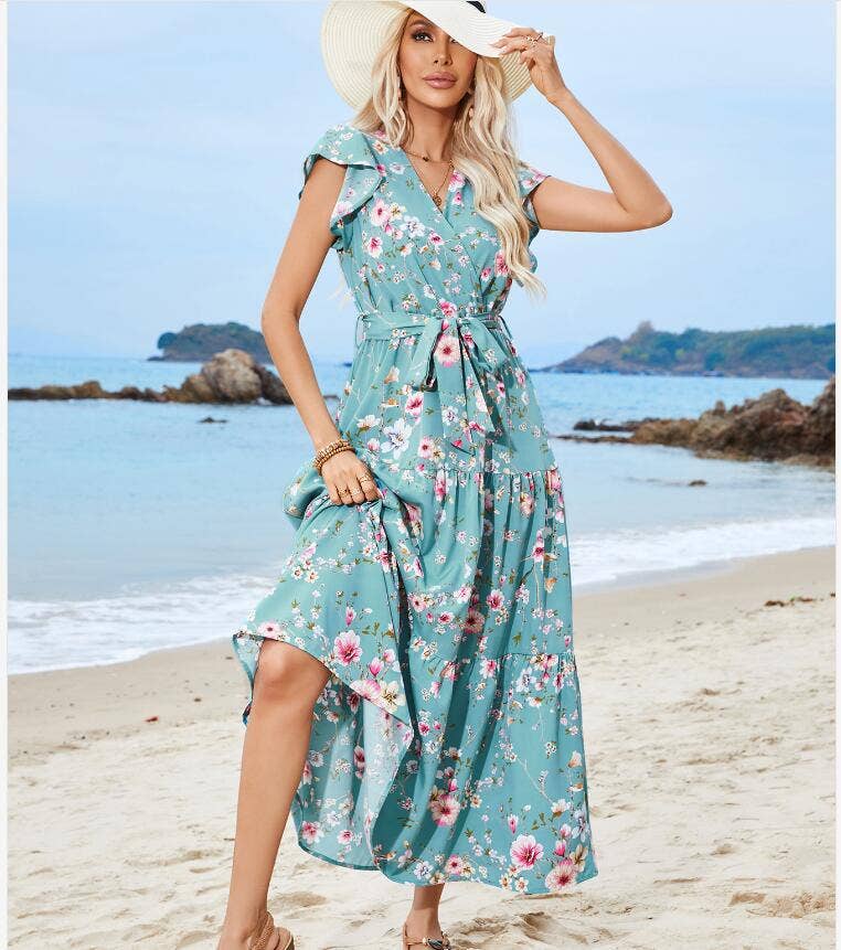 Printed floral strap V-neck short sleeve dress