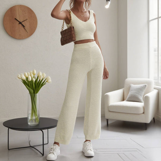 Two-piece V-neck crop top and long pants set