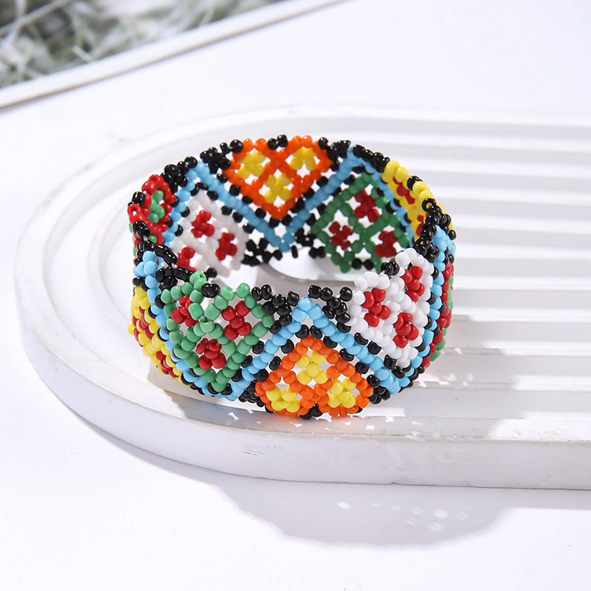 ETHNIC RICE BEAD WOVEN COLORFUL WIDE BRACELET