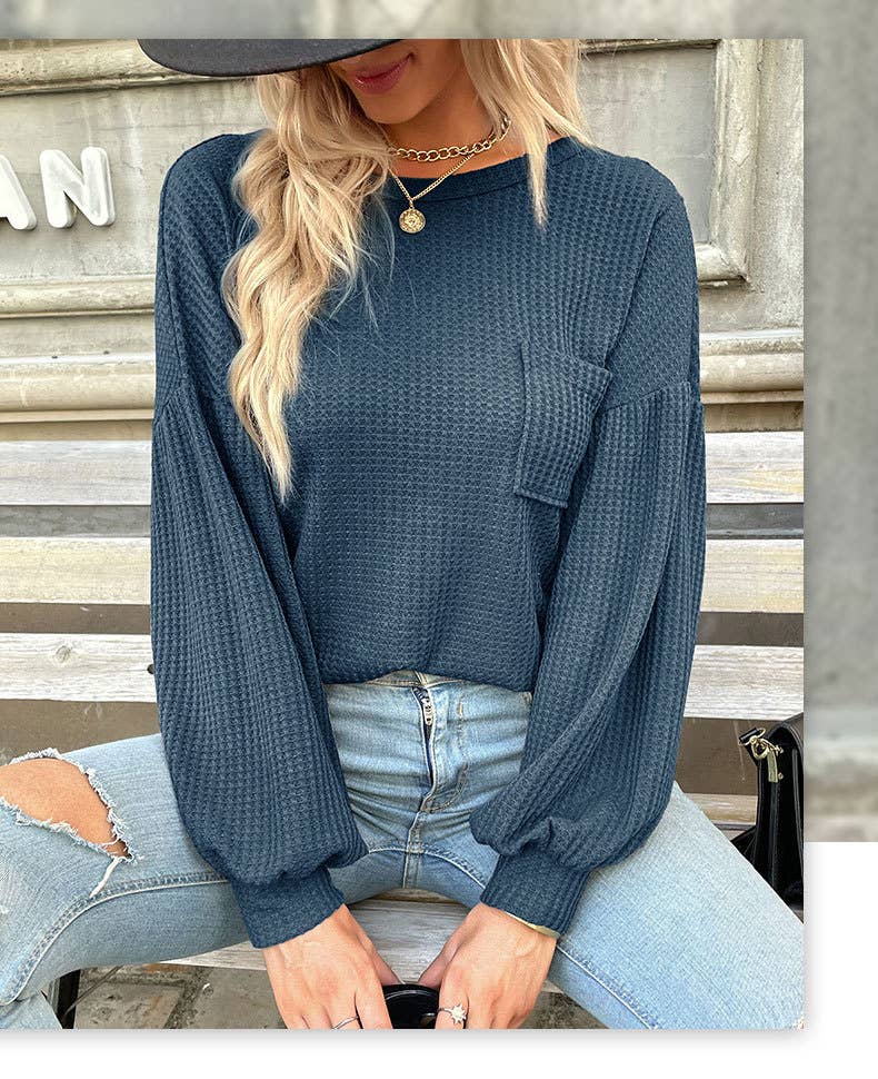 Lantern-shaped long-sleeved backless waffle top