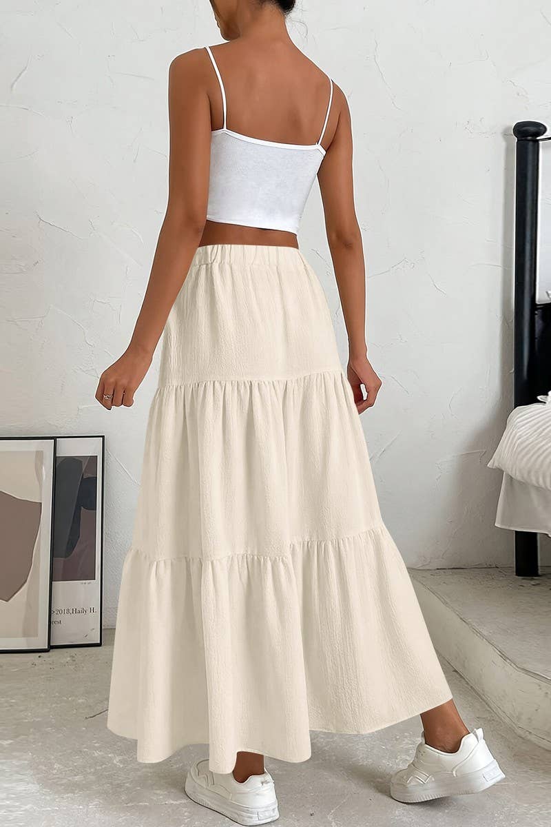 CWBLS0559_BOW WAIST TIERED SOLID MIDI SKIRT