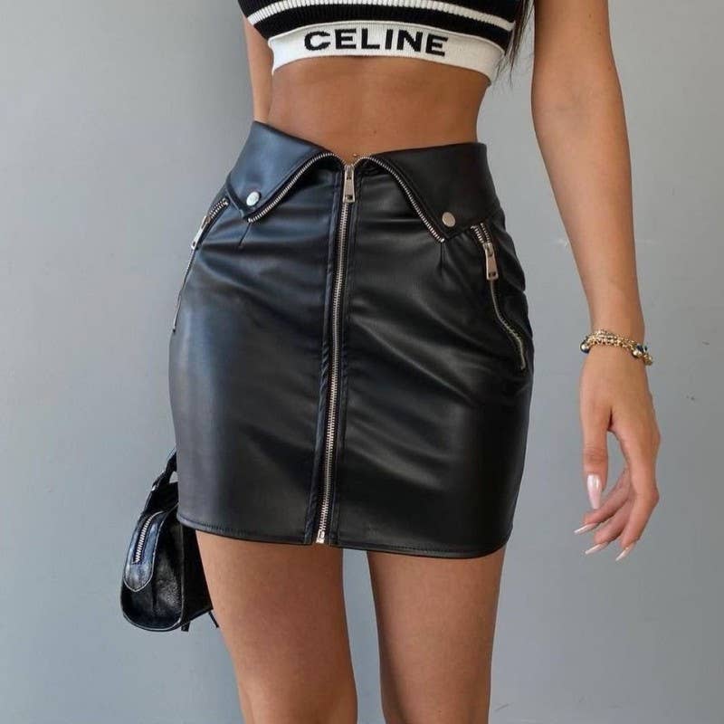 Fashion Sexy PU Leather Bodycon Zipper Mini Skirt
