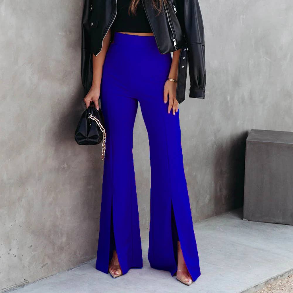 SLIM WAIST STRETCH SLIT SOLID COLOR CASUAL PANTS