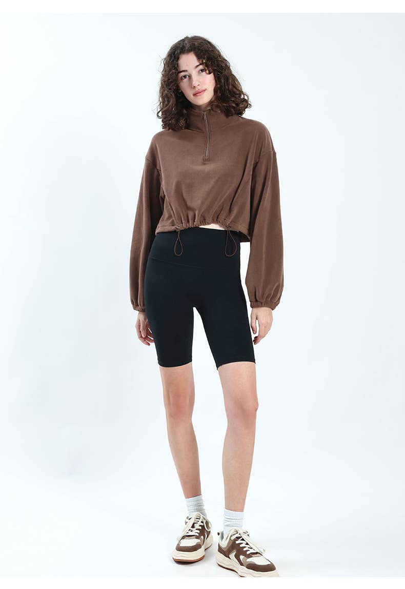 Adjustable hem semi-zipper fleece hoodie