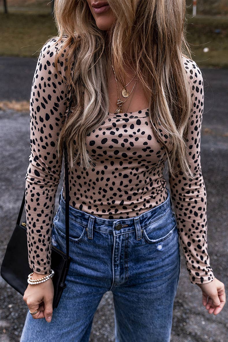 LEOPARD PRINT LONG-SLEEVED CREW NECK JUMPSUIT