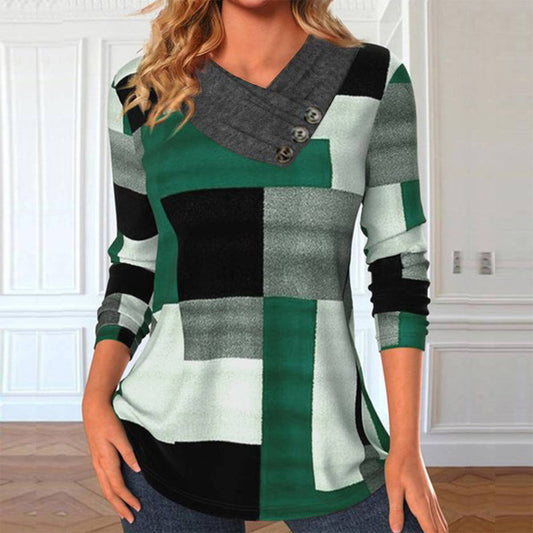 KNIT PLAID PRINT PULLOVER LONG SLEEVE T-SHIRT