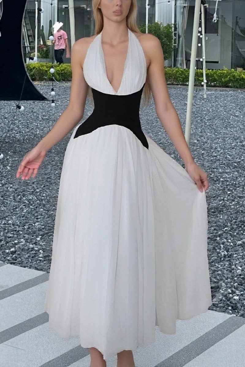 CWDMD6427_SEXY V-NECK HALTER NECK COLOR MATCHING WAIST DRESS