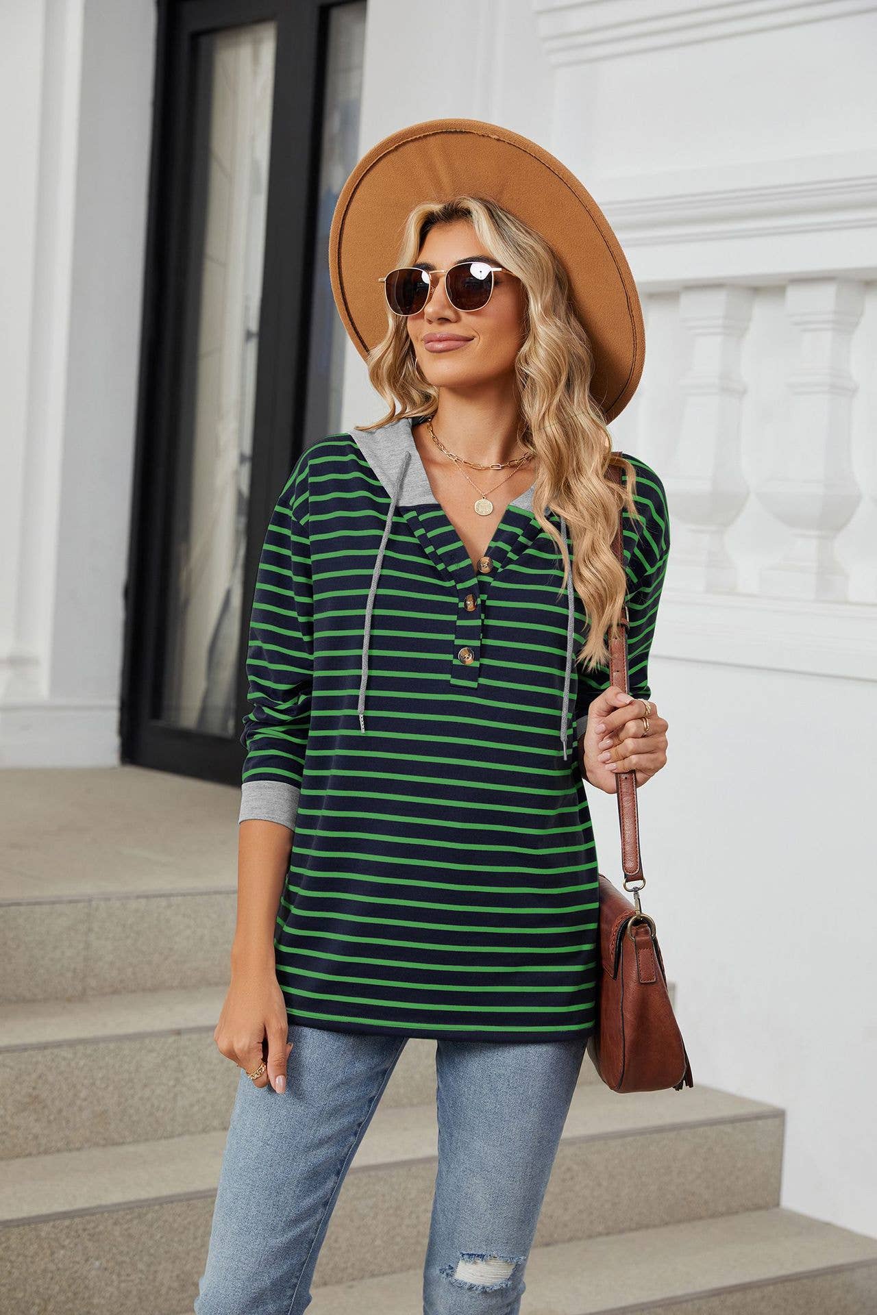 Striped hooded long-sleeved loose sweatshirt