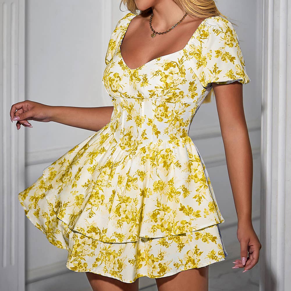 PRINTED SLIM SHORT SLEEVE CAKE DRESS