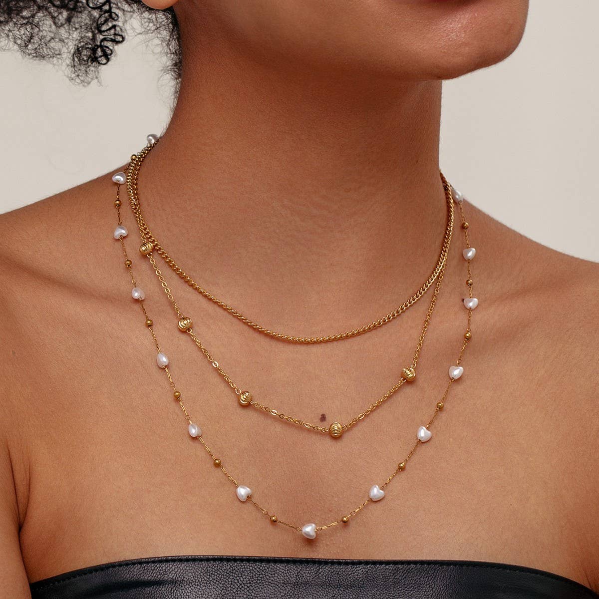 HEART IMITATION PEARL SWEATER CHAIN NECKLACE