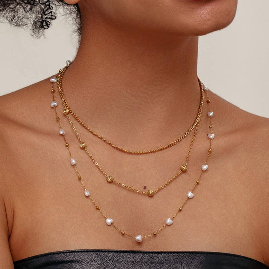HEART IMITATION PEARL SWEATER CHAIN NECKLACE