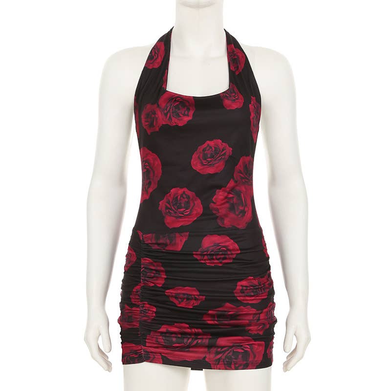 Sexy floral print halter cropped pleated dress