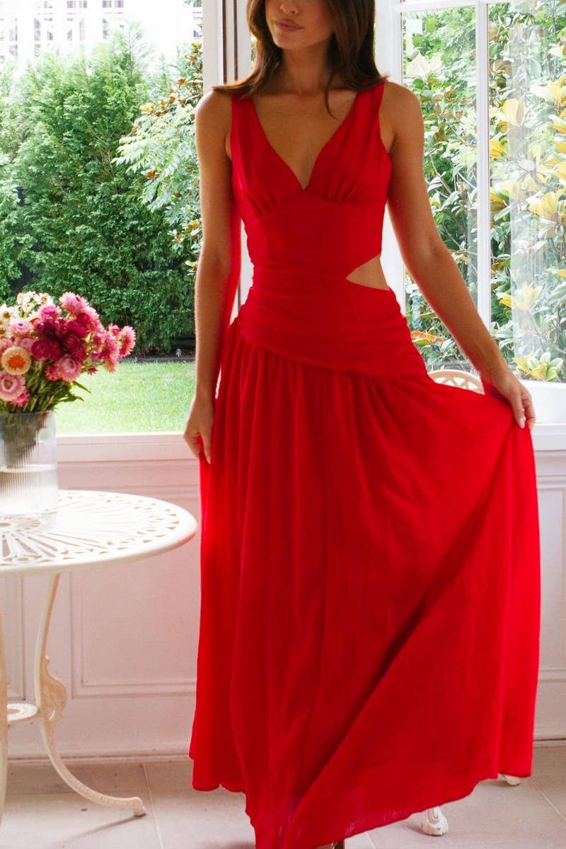 CWDMD5647_V-NECK SLEEVELESS COLORBLOCK MAXI FLARE DRESS