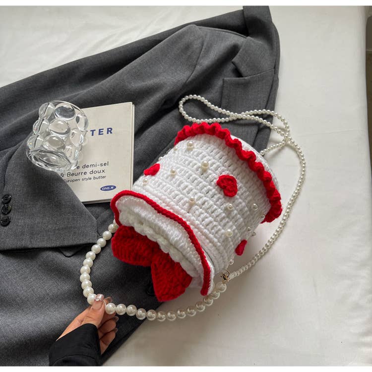 Personalized cake-shaped pearl chain knitted bag