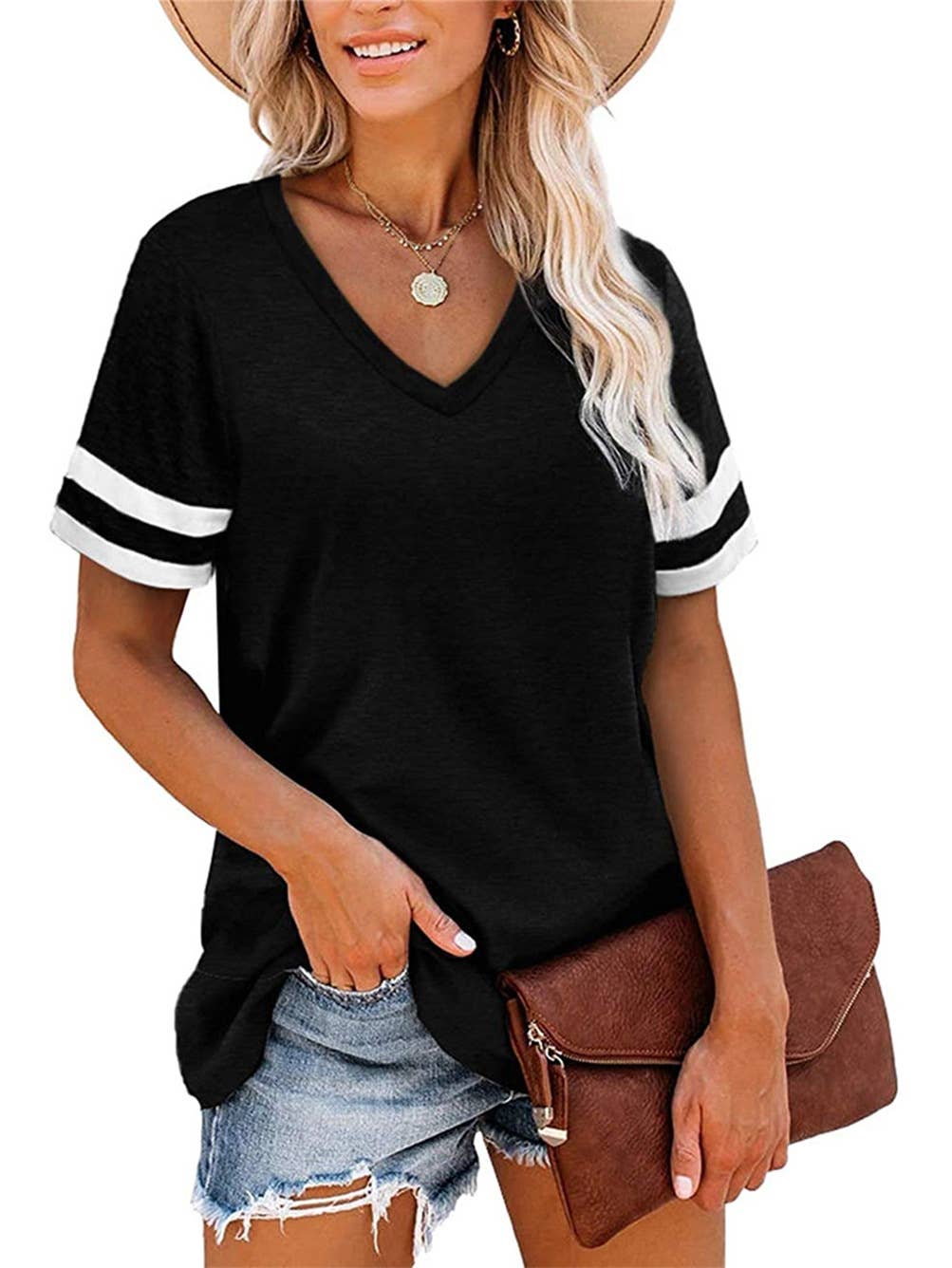 V-NECK SHORT SLEEVE COLOR MATCHING LOOSE TOP