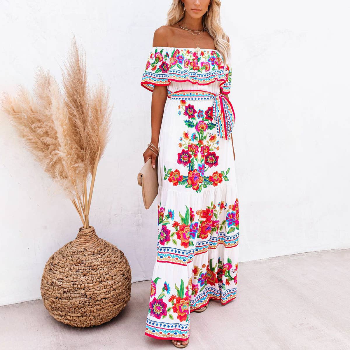 One-shoulder red flower print long swing dress