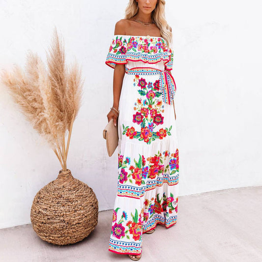 One-shoulder red flower print long swing dress