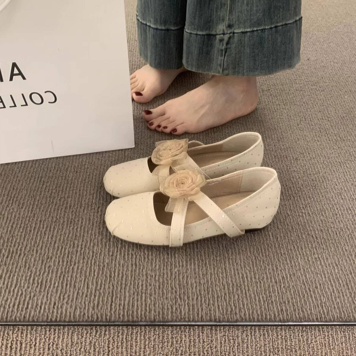 Floral Wedge Round Toe Cross Strap Mary Janes