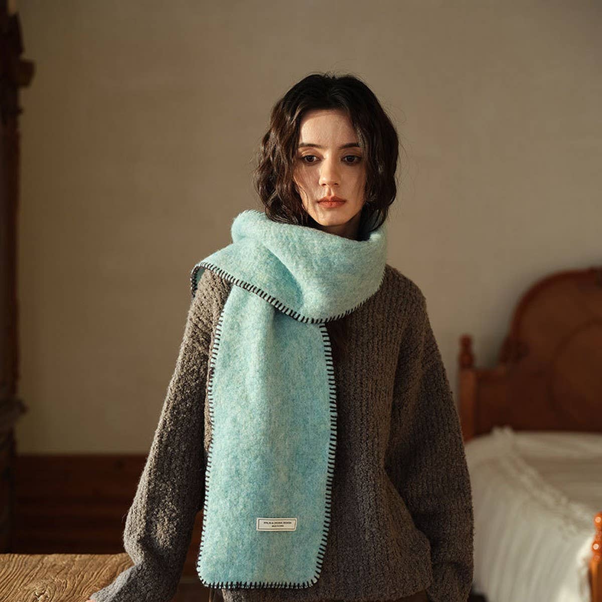 Solid Wool Blend Knit Scarf ??Color-Blocked Trim_CWASC2291