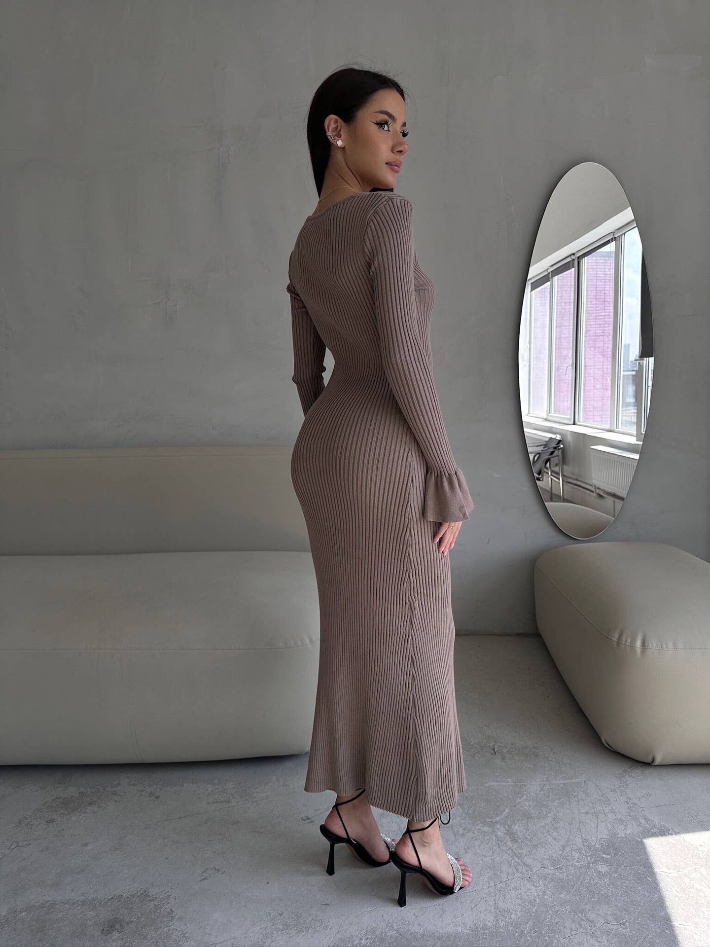 SOLID COLOR PIT WOOL WOVEN V-NECK SWEATER DRESS