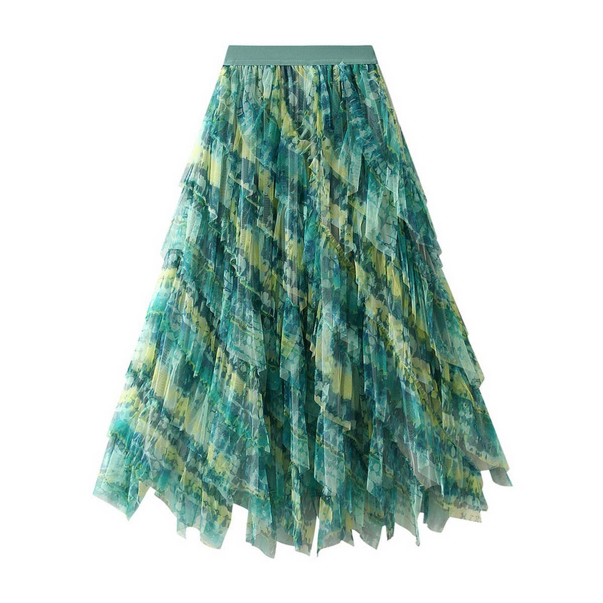 Ombre Green Ruffle Tulle Tiered Flare Skirt_CWBMS0404