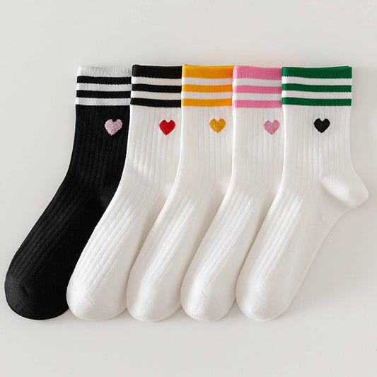 College Style Heart, Two Stripes Print Crew Socks