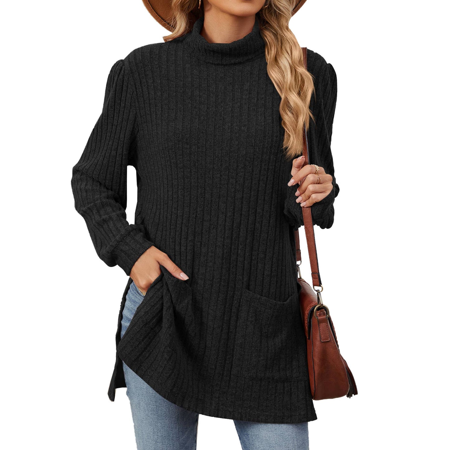 Half High Neck Long Sleeve Slit Pocket Shirt