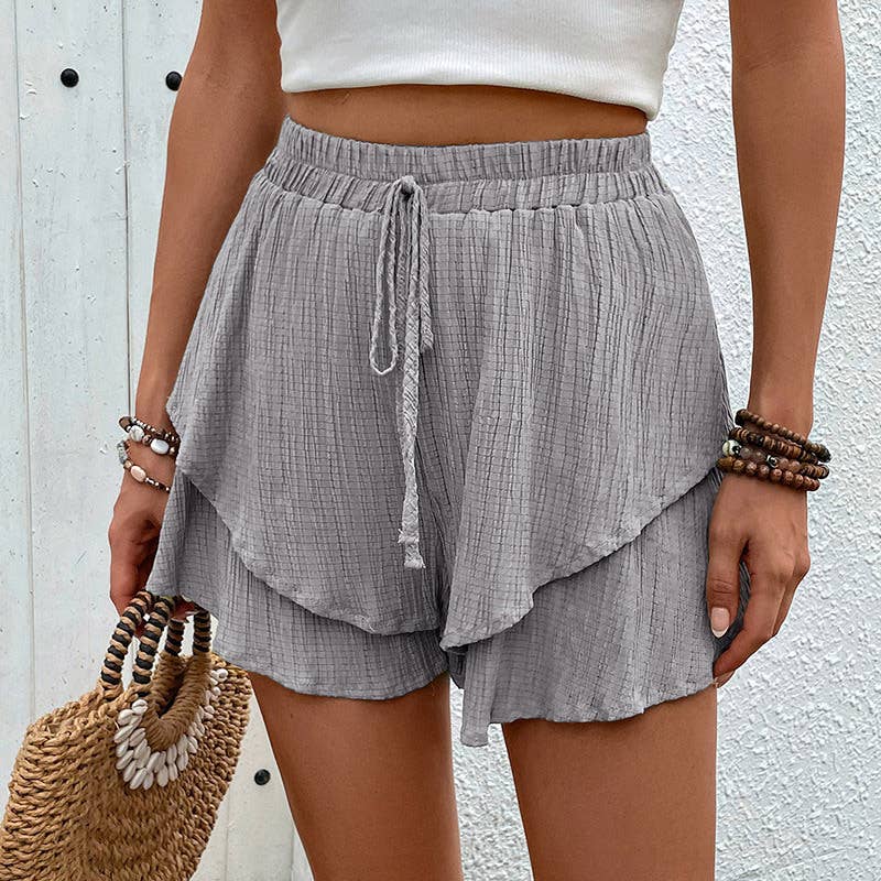 Flanged tiered lace-up shorts with elastic waist