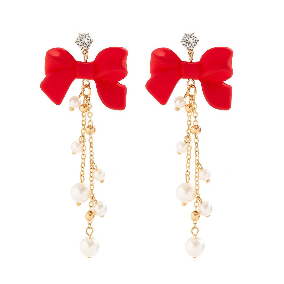 RED BOW EARRINGS WITH PEARL TASSELS_CWAJE1138
