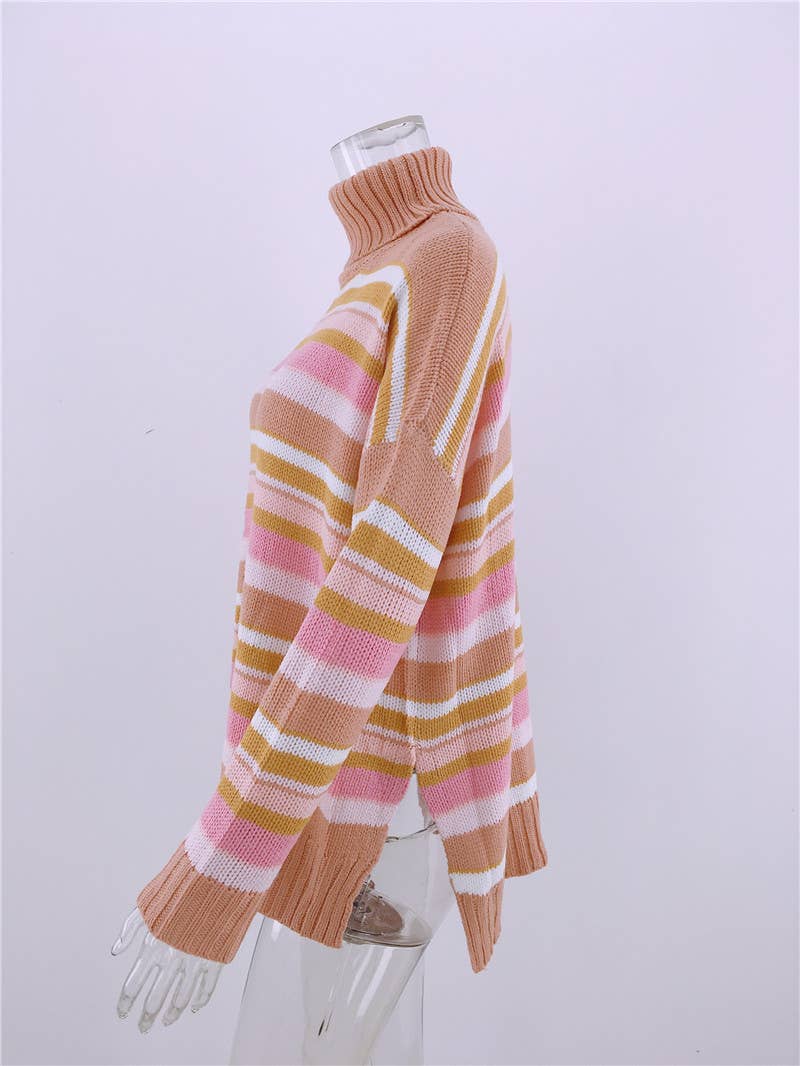 RAINBOW STRIPED PATCHWORK KNIT PULLOVER SWEATER_cwoswl2316